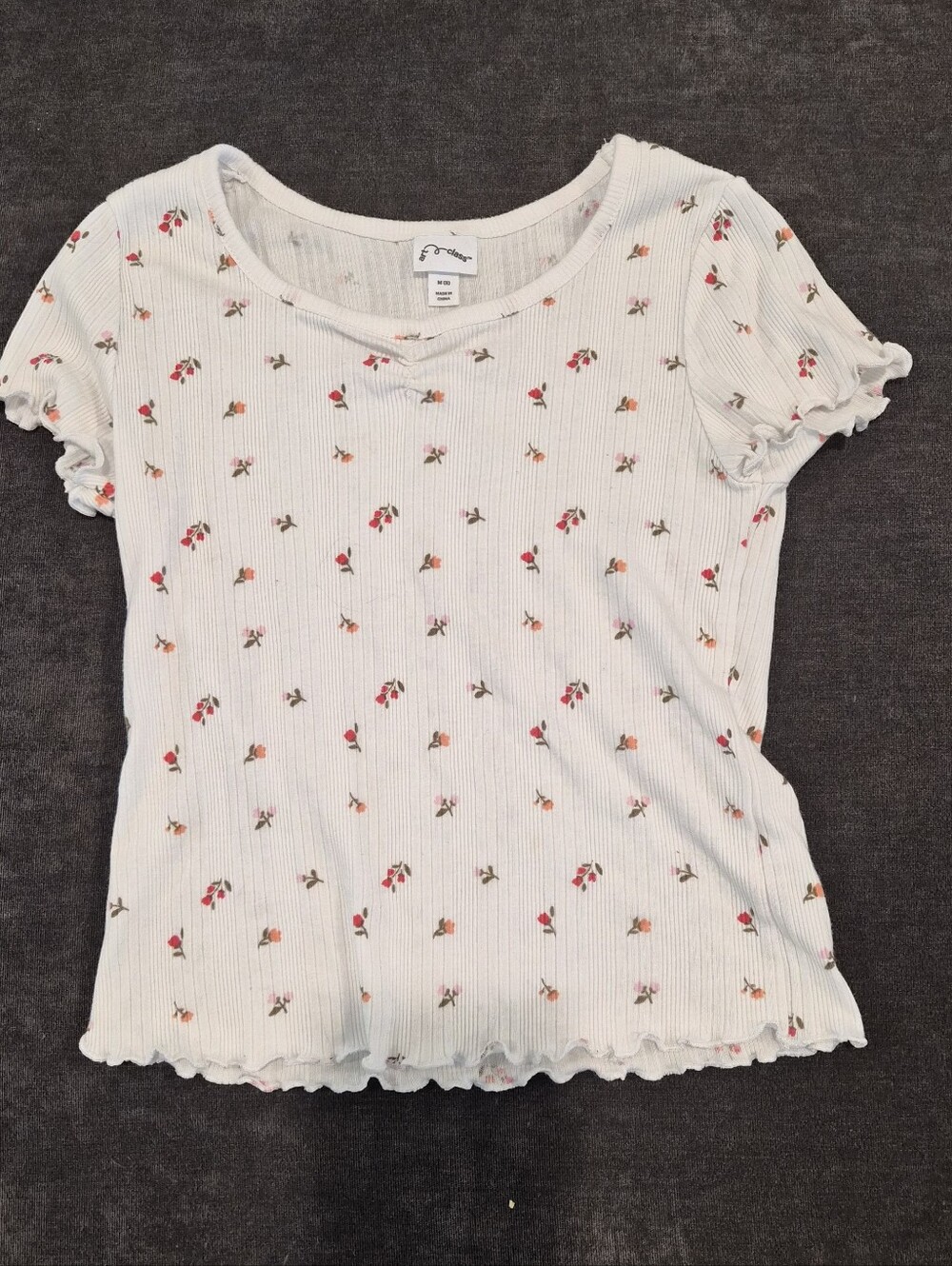art class White Ribbed Tee with Red and Pink Floral Print